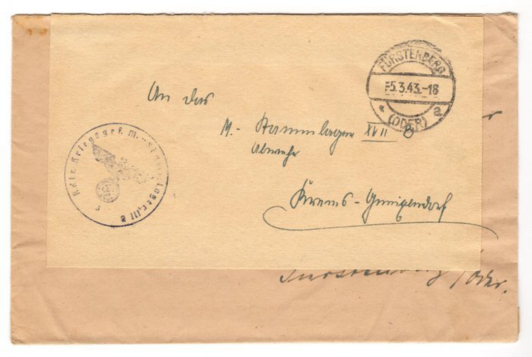 GERMANY 1943 Military Letter postmarked FURSTENBERG (ODER) 5/3/43. Military cachet. - 30209 - PostalHist image 0