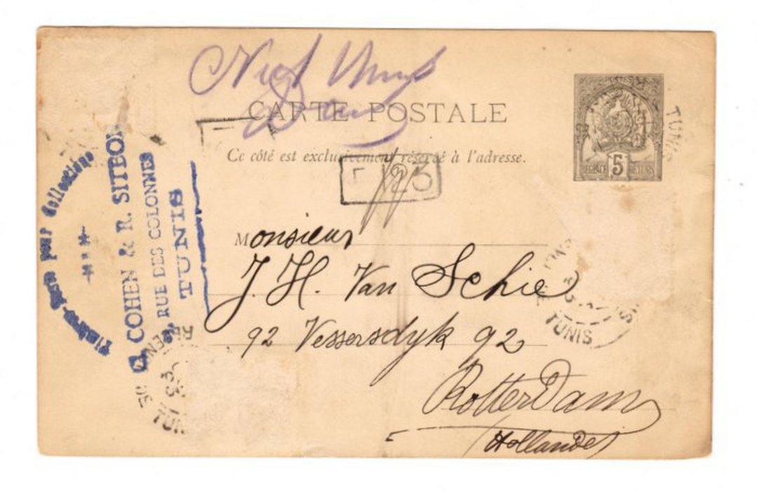 TUNISIA 1888 Carte Postale 5c Black. Commercially used in 1893 from Tunis to Holland. - 38303 - PostalHist image 0