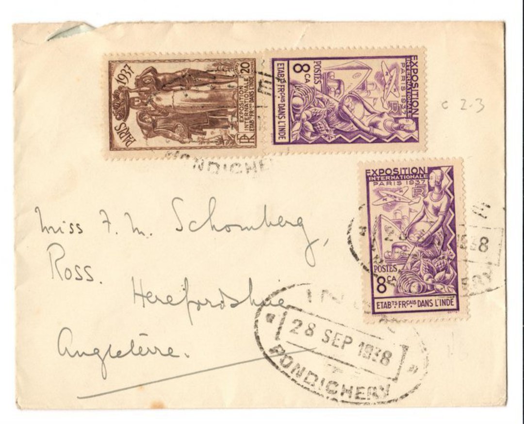 FRENCH INDIAN SETTLEMENTS 1938 Letter from Pondicherry to England. - 37520 - PostalHist image 0