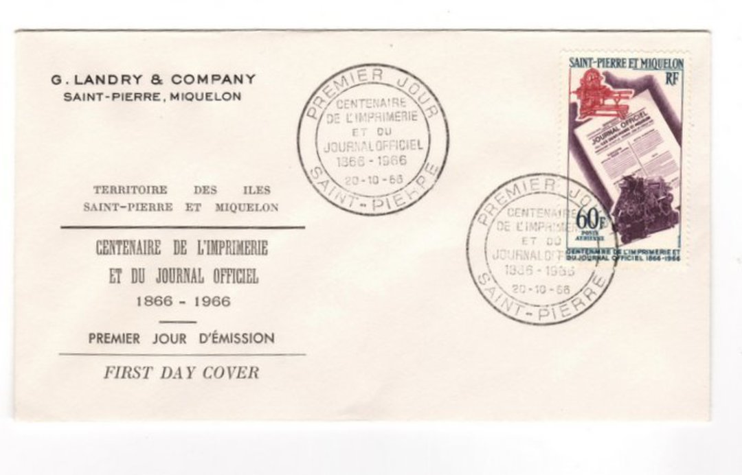 ST PIERRE et MIQUELON 1966 Centenary of the Printing Works on first day cover. - 38235 - FDC image 0