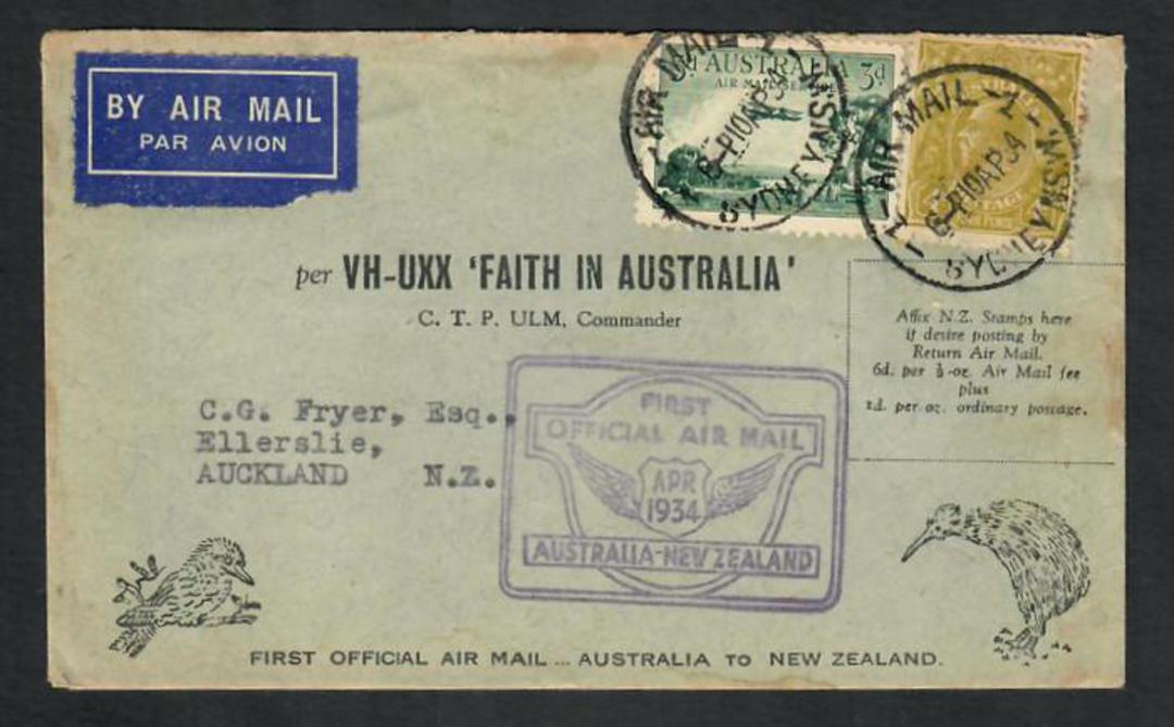 AUSTRALIA 1934 VH-UXX Faith in Australia. First Official Air Mail Australia to New Zealand. - 30894 - PostalHist image 0