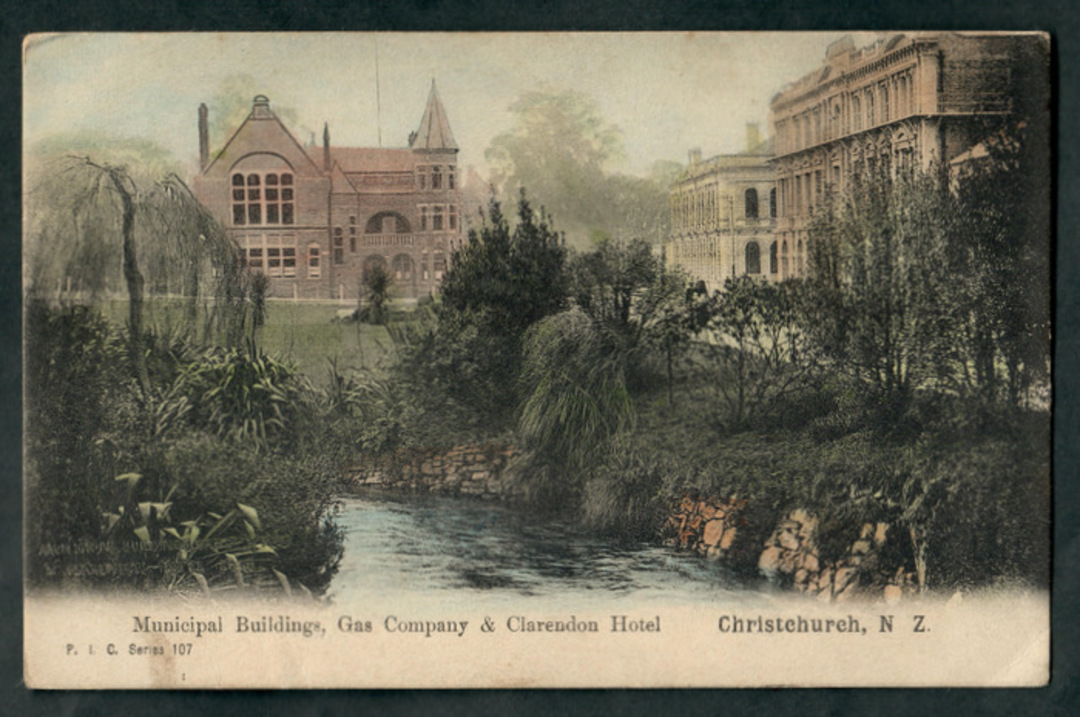 Early Undivided Coloured Postcard of Municipal Buildings Gas Company and Clarendon Hotel Christchurch. - 48378 - Postcard image 0