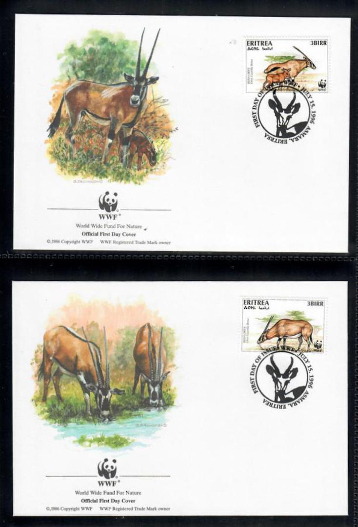 ERITREA 1996 World Wildlife Fund. Beisa Oryx. Set of 4 in mint never hinged and on first day covers with 6 pages of official tex image 1