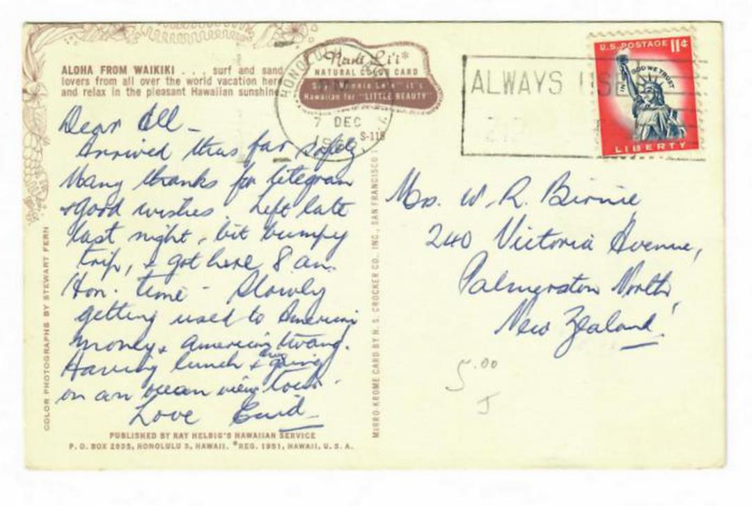 USA 1966 Postcard to New Zealand 11c Statue of Liberty. image 0