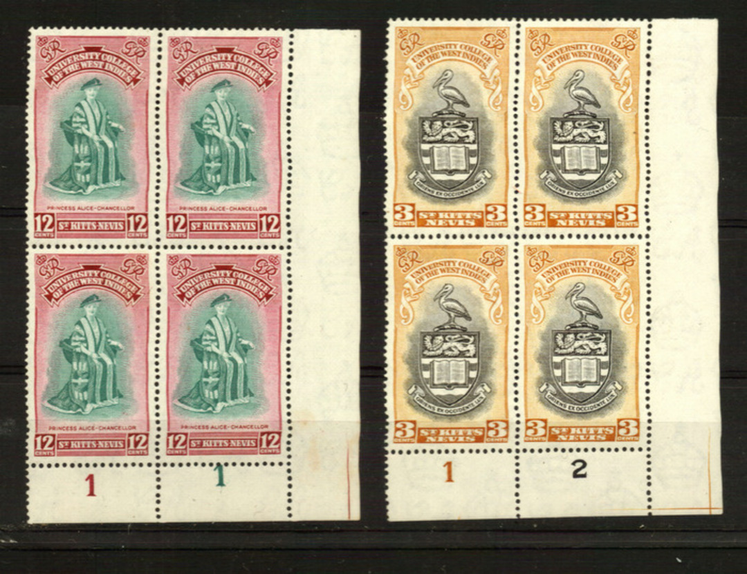 ST KITTS NEVIS 1951 Inauguration of the BWI University. Set of 2 in plate blocks. - 22502 - UHM image 0