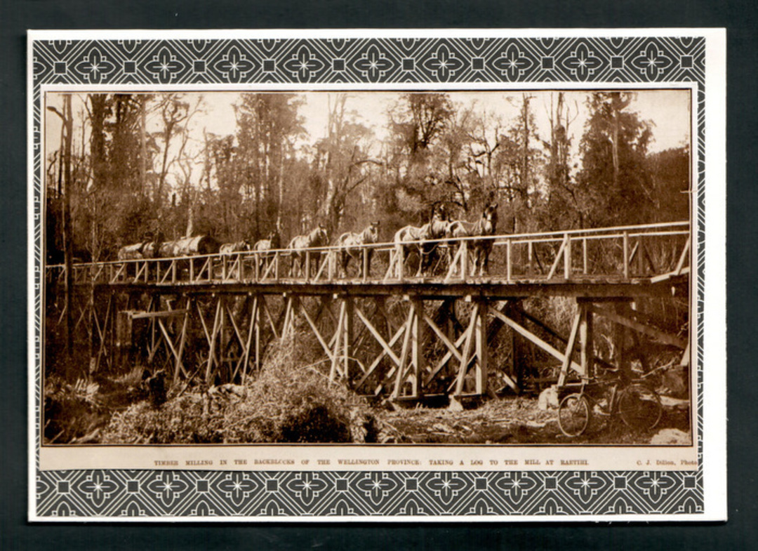 Reproduction of postcard of Timber Milling in the backblocks of the Wellington province. Tking a log to the timber mill at Raeti image 0