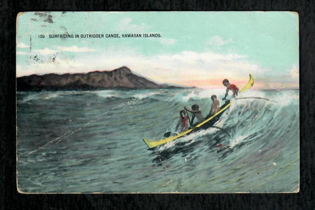 HAWAII Coloured Postcard of Surfriding an Outrigger Canoe. - 243871 - Postcard image 0