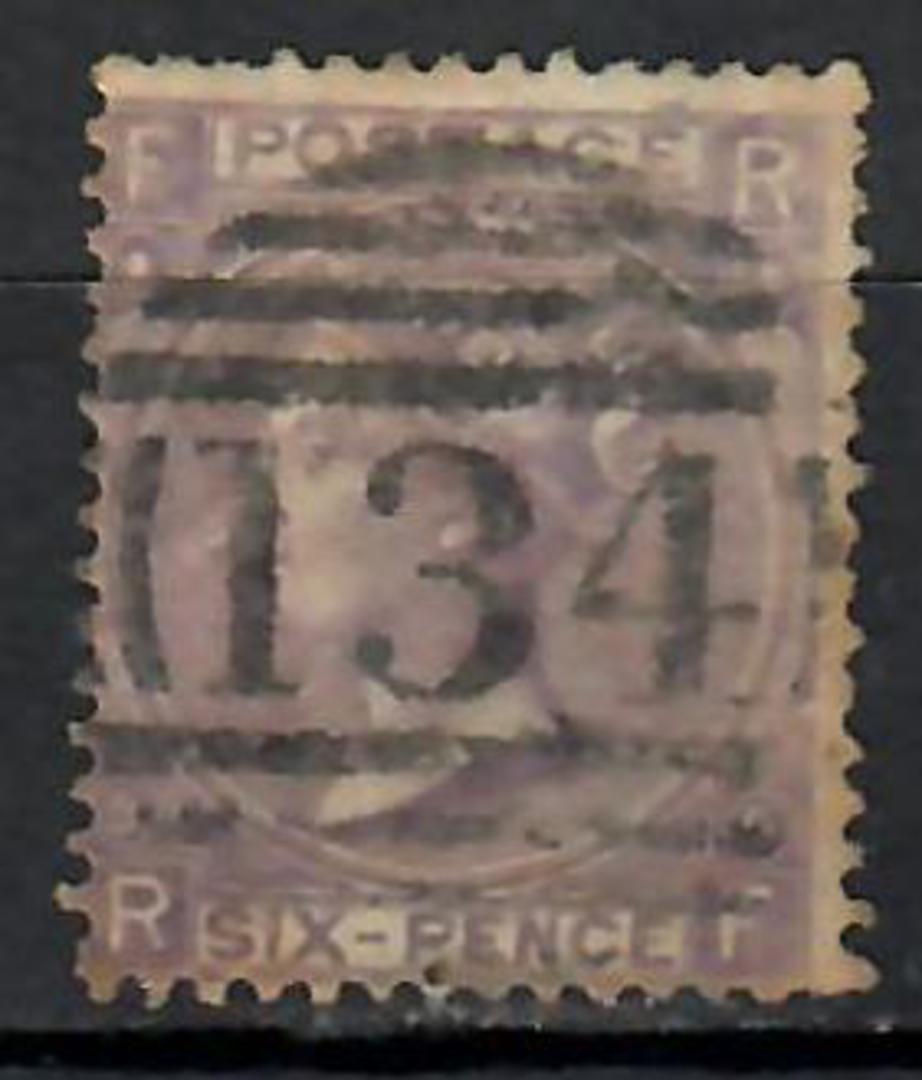GREAT BRITAIN 1865 Victoria 1st Definitive 6d Deep Lilac with hyphen.  Watermark Large Garter. Postmark 134 Oval Bars. Quite a n image 0
