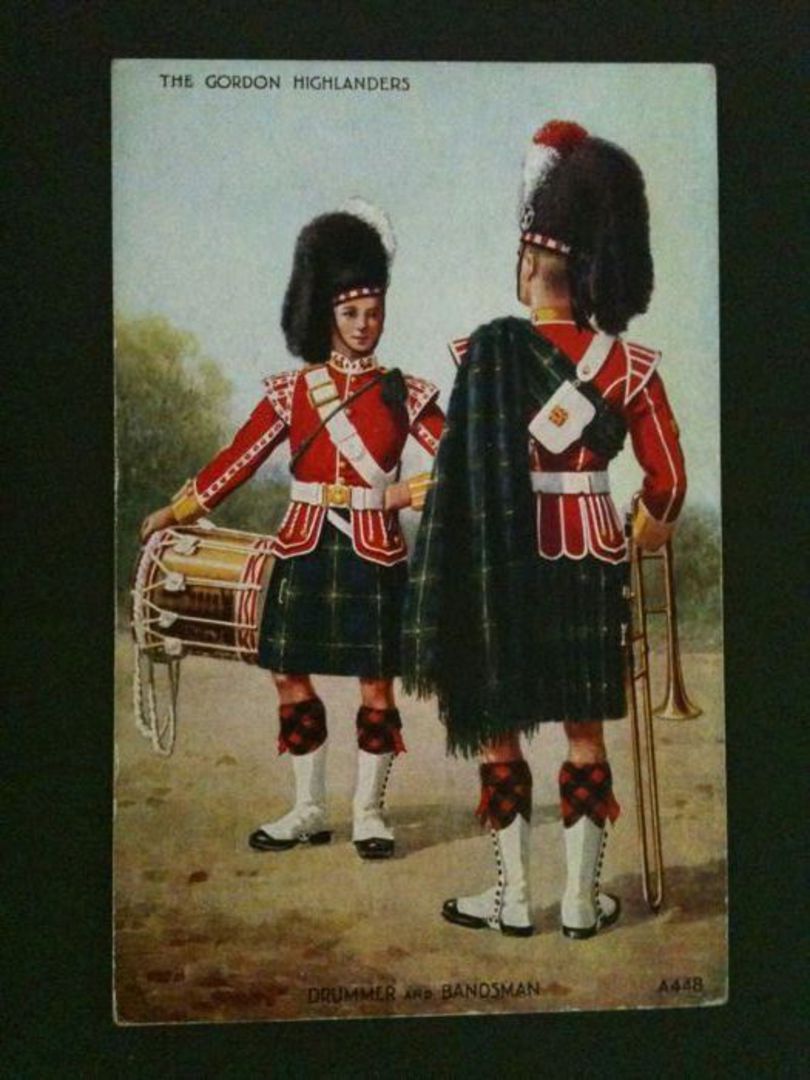 Coloured postcard by Valentines of the Gordon Highlanders, Drummer and Bandsman. Art card. - 40025 - Postcard image 0
