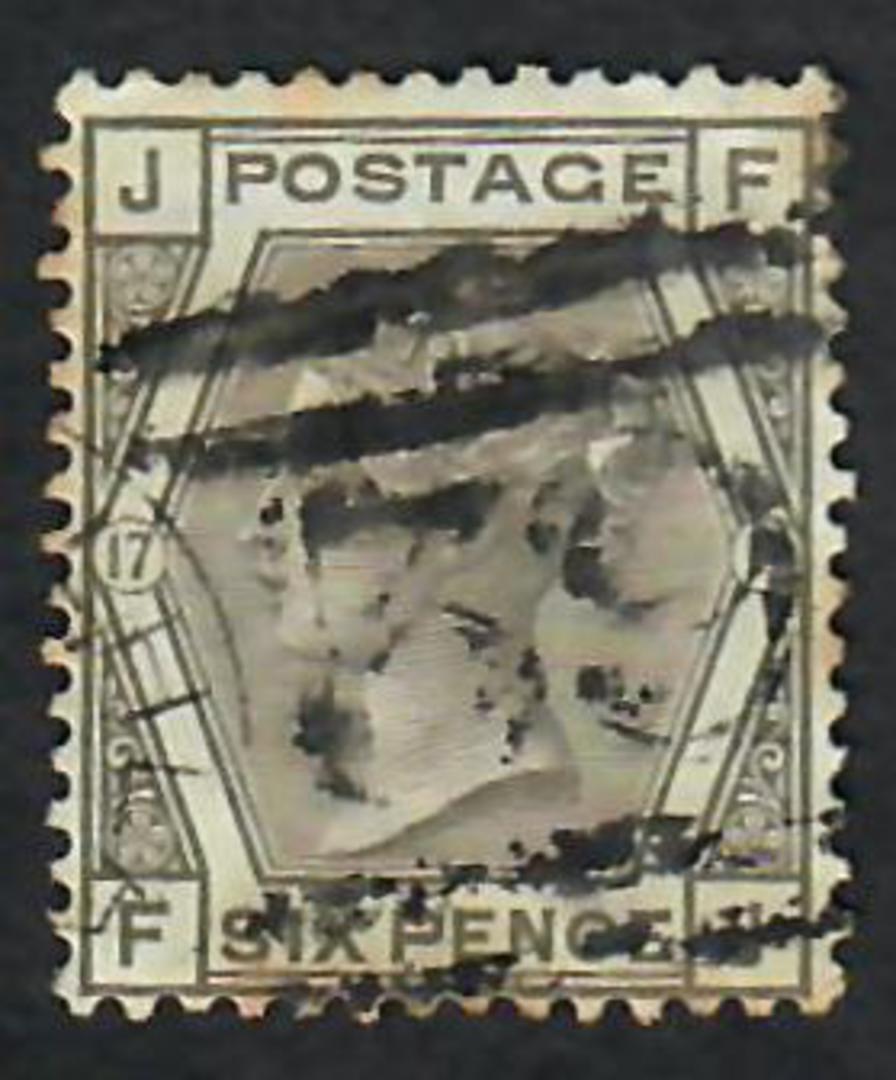 GREAT BRITAIN 1873 6d Grey. Plate 17. Letters JFFJ. Centred slightly south. Nice perfs. Reasonable postmark. Slight fold in one image 0