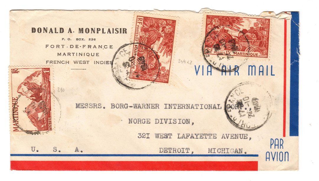 MARTINIQUE 1949 Airmail Letter from Fort de France to USA.
. - 37791 - PostalHist image 0
