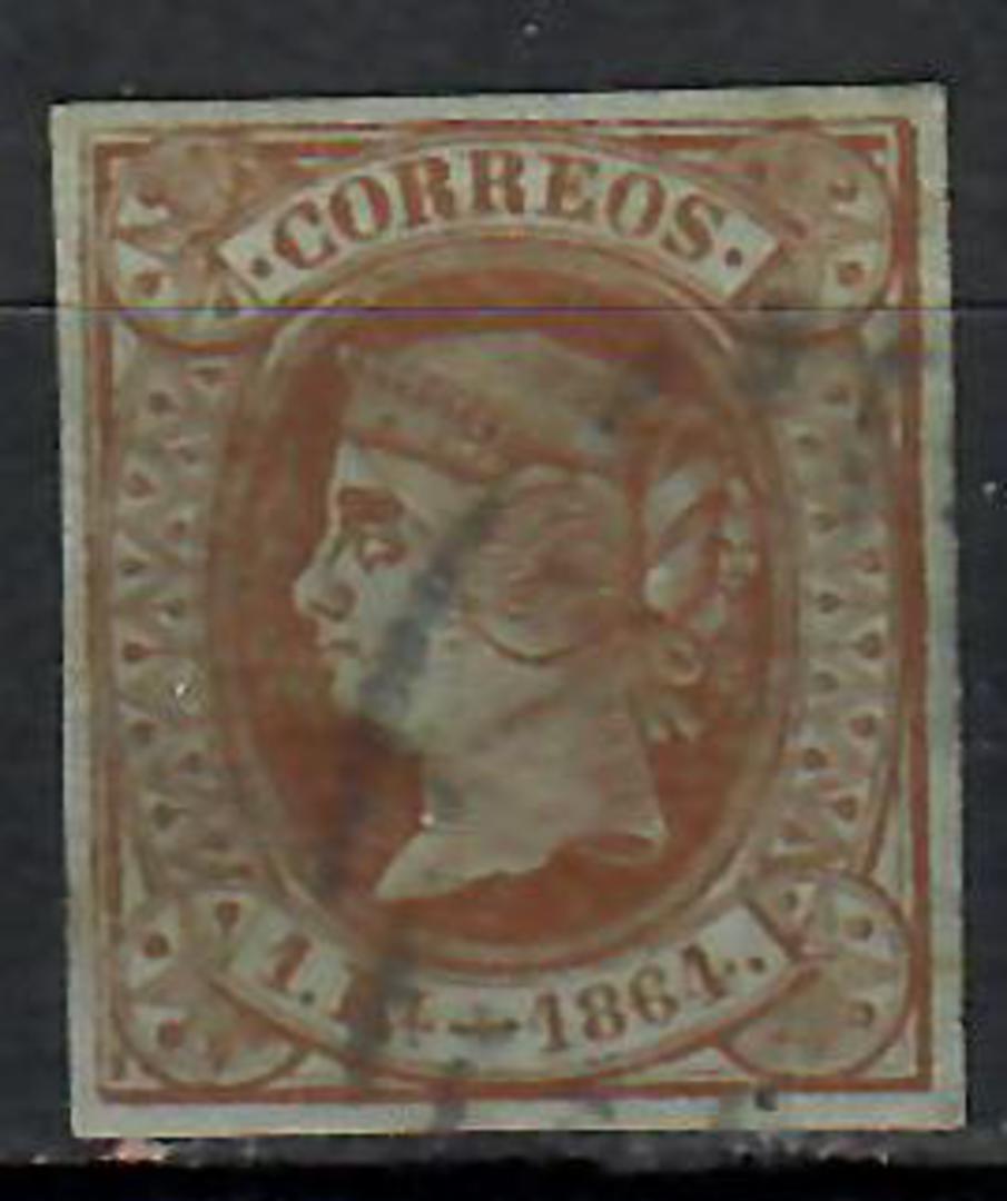 SPAIN 1864 Definitive 1r Brown on green. Four margins with small central thin not visible from front. Priced to sell. Nice stamp image 0