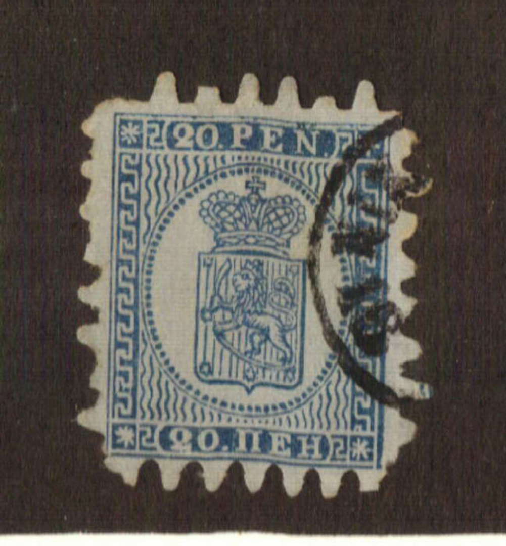 FINLAND 1866 Definitive 20 p Bright Blue on blue. Serpentine Roulettes 2.25 mm long (Roulette 7.1/4). Missing teeth top left. - image 0