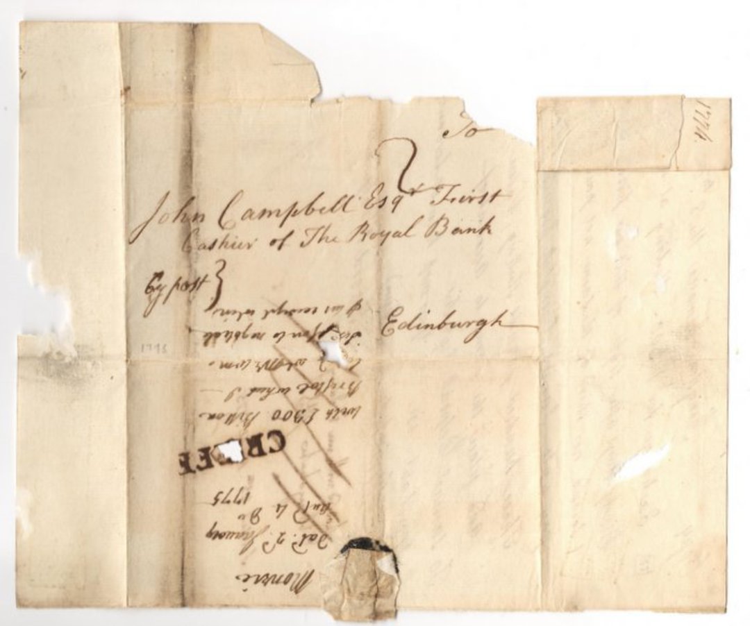 GREAT BRITAIN 1775 Entire addressed to John Campbell , first cashier The Royal Bank Edinburgh. - 30931 - PostalHist image 0