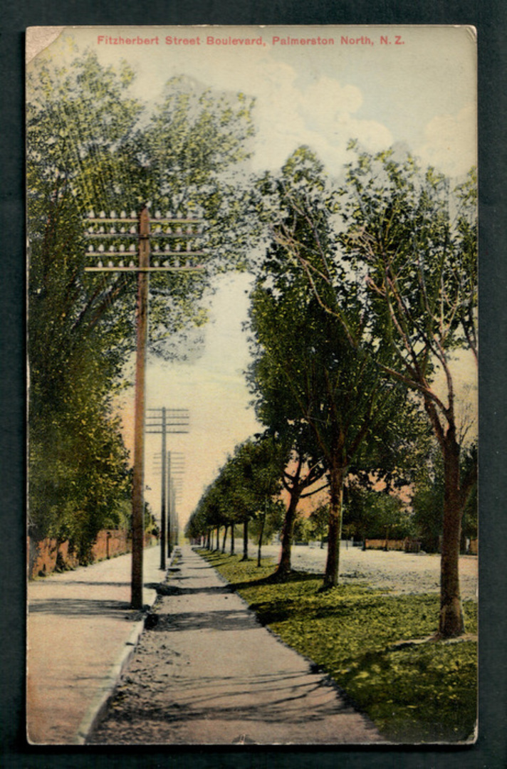 Coloured postcard of Fergusson Street Boulevard Palmerston North. One poor corner. - 47255 - Postcard image 0