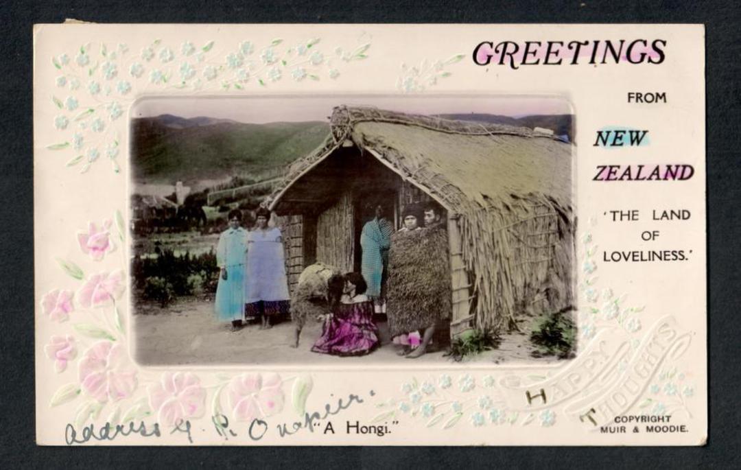 Tinted Embssed Postcard by Muir and Moodie of "A Hongi". - 49799 - Postcard image 0