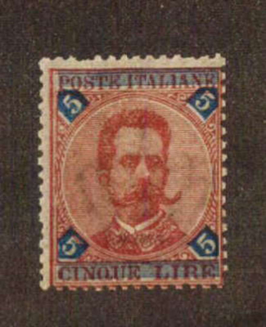 ITALY 1891 Definitive 5 Lira Carmine and Blue. Brown gum. One short perf at top but nice stamp. - 71130 - UHM image 0