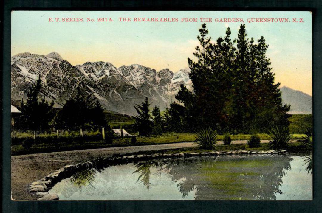 Coloured postcard of the Remarkables from the gardens in Queenstown. - 49486 - Postcard image 0
