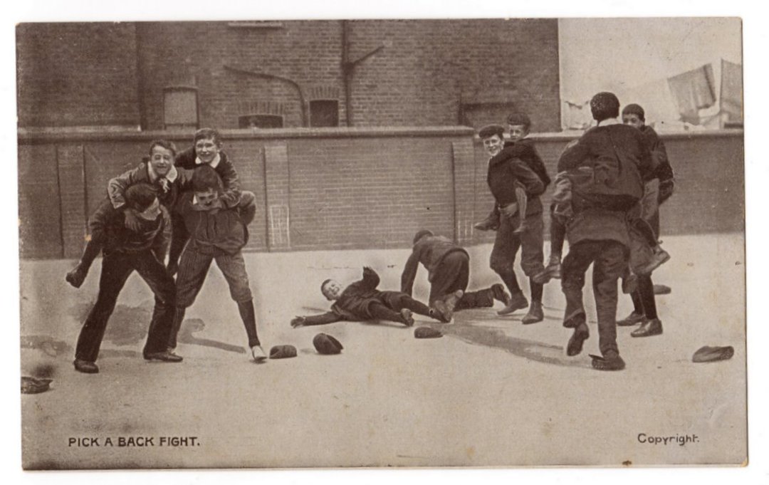 Two postcards. Dancing to Organ. Pick a back fight. Social history of London. - 44728 - Postcard image 1