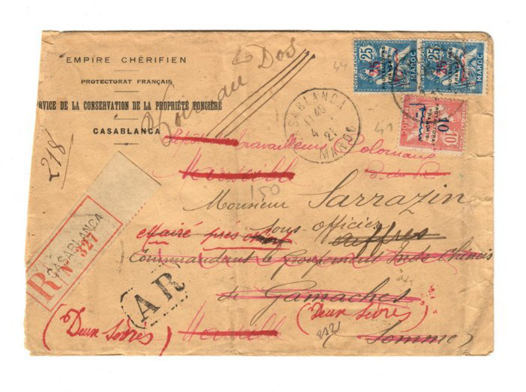 FRENCH MOROCCO 1921 Registered Letter from Casablanca to France. Redirected more than once. - 37726 - PostalHist image 0