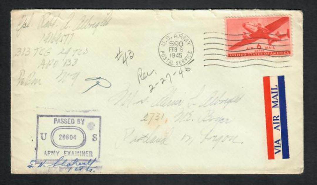 USA 1945 Airmail Letter from army serviceman. US Army Postal Service slogan cancel. Passed by Army Examiner 20604.. - 32346 - Po image 0