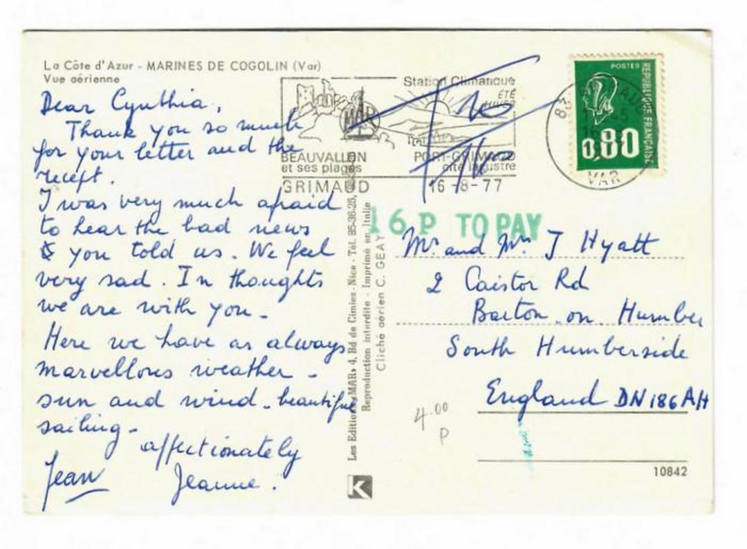 FRANCE 1977 Postcard. Cachet in Green ""16p To Pay"". - 30436 - PostalHist image 0