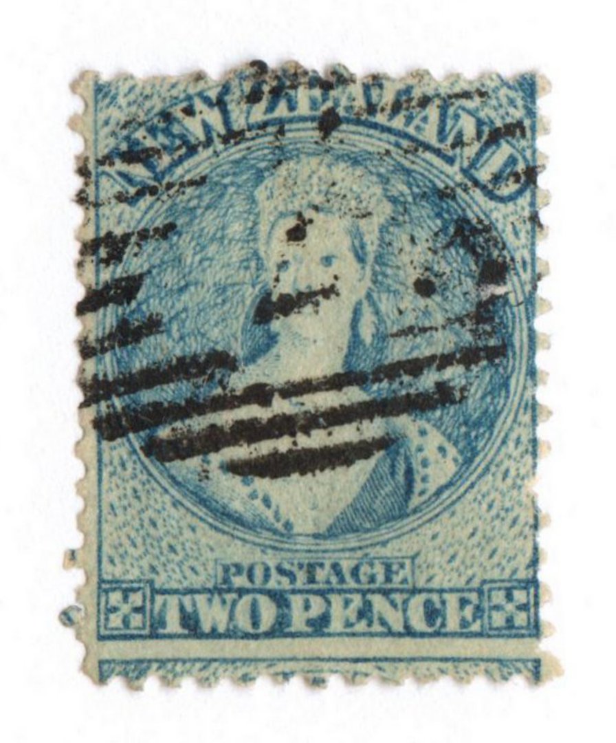 NEW ZEALAND 1864 Full Face Queen 2d Pale Blue. Plate 1 {worn).  Watermark NZ. Perf 12½ at Auckland.  Bars cancel. - 79295 - Used image 0