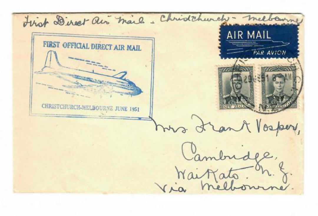 NEW ZEALAND 1951 Flight Cover. First Official Direct Air Mail from Christchurch to Melbourne. Cover sent from Christchurch to Au image 0
