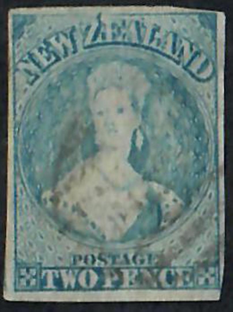 NEW ZEALAND 1855 Full Face Queen 2d Blue. Imperf. Davies print.  Four good margins. Light postmark. Advanced plate wear. SG 39. image 0