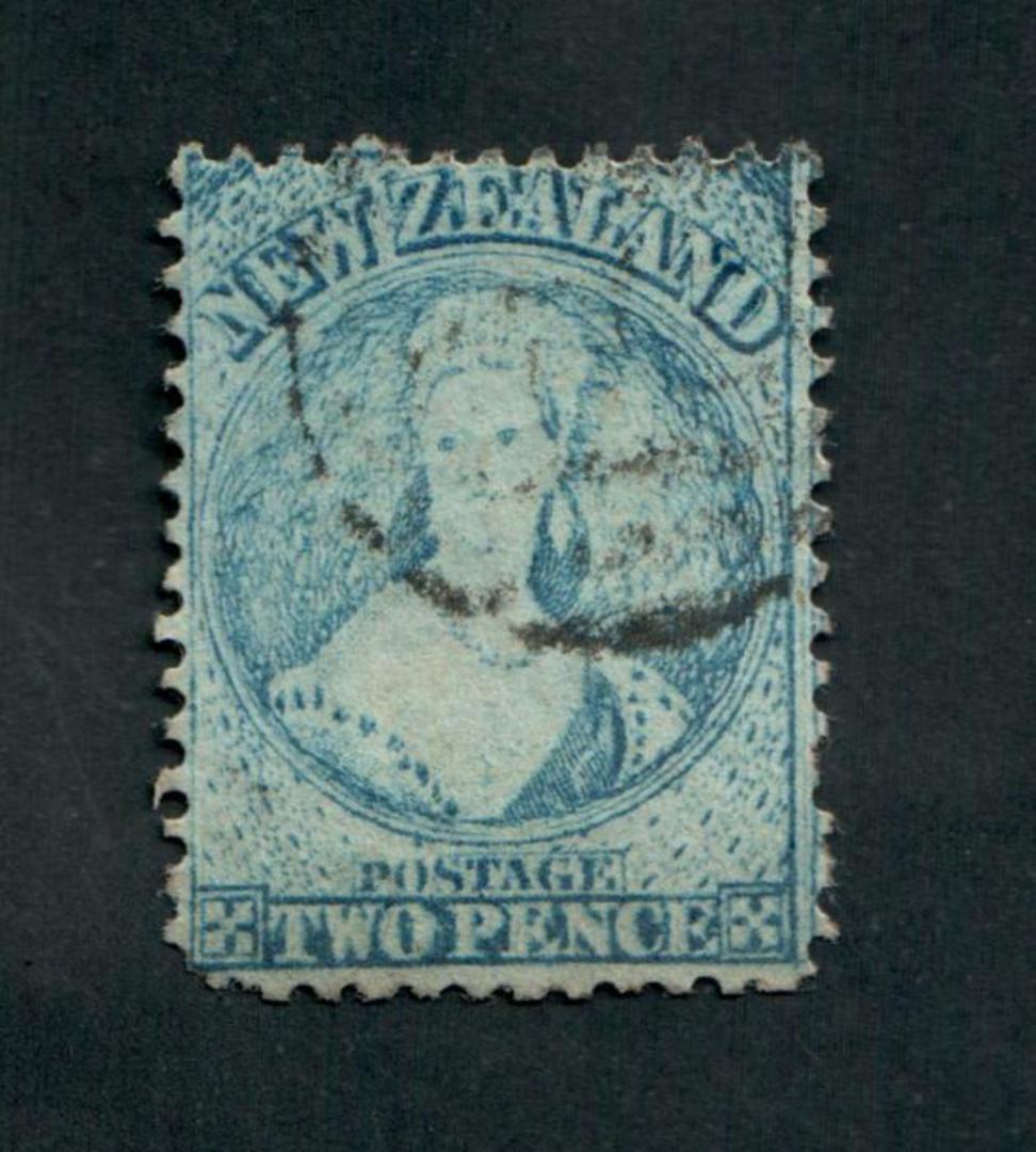 NEW ZEALAND 1862 Full Face Queen 2d Blue. Perf 12½. Watermark Large Star. Plate 1. Advanced plate wear. Postmark frames the face image 0
