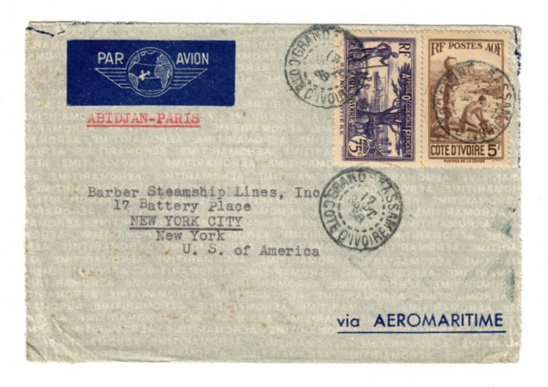 IVORY COAST 1938 Airmail Letter from Barber-West African Line Inc Grand-Bassam to Barber Steamship Lines Inc New York. Via  Aero image 0