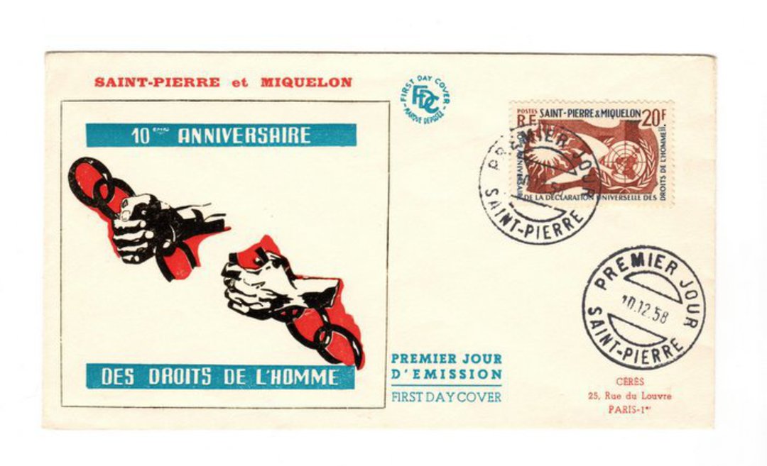 ST PIERRE et MIQUELON 1958 Human Rights on first day cover. - 38253 - PostalHist image 0