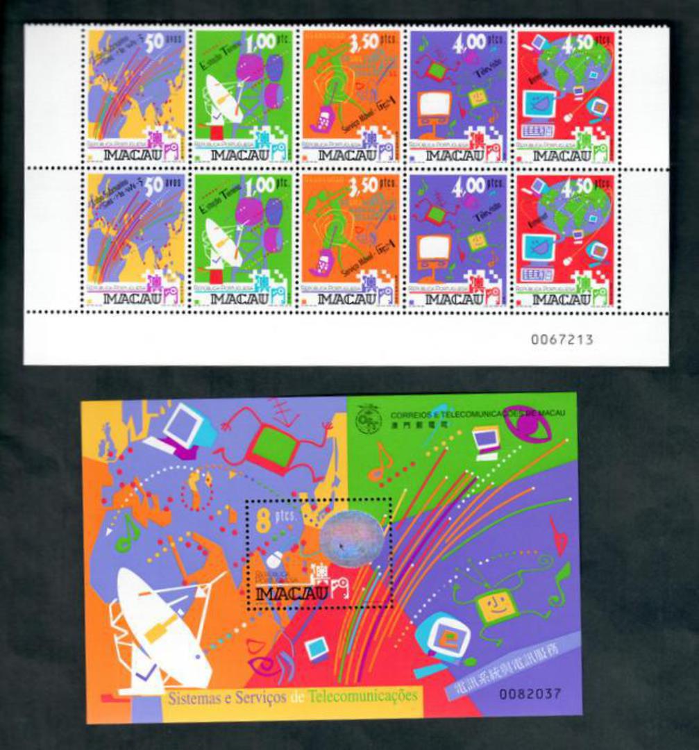 MACAU 1999 Telecommunications. Strip of 5 and miniature sheet. - 50294 - UHM image 0