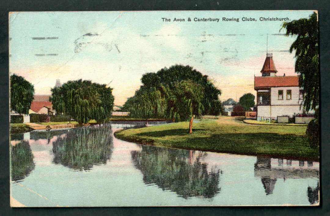 Coloured postcard of the Avon and Canterbury Rowing Clubs. Christchurch C Class cancel. - 48416 - Postcard image 0