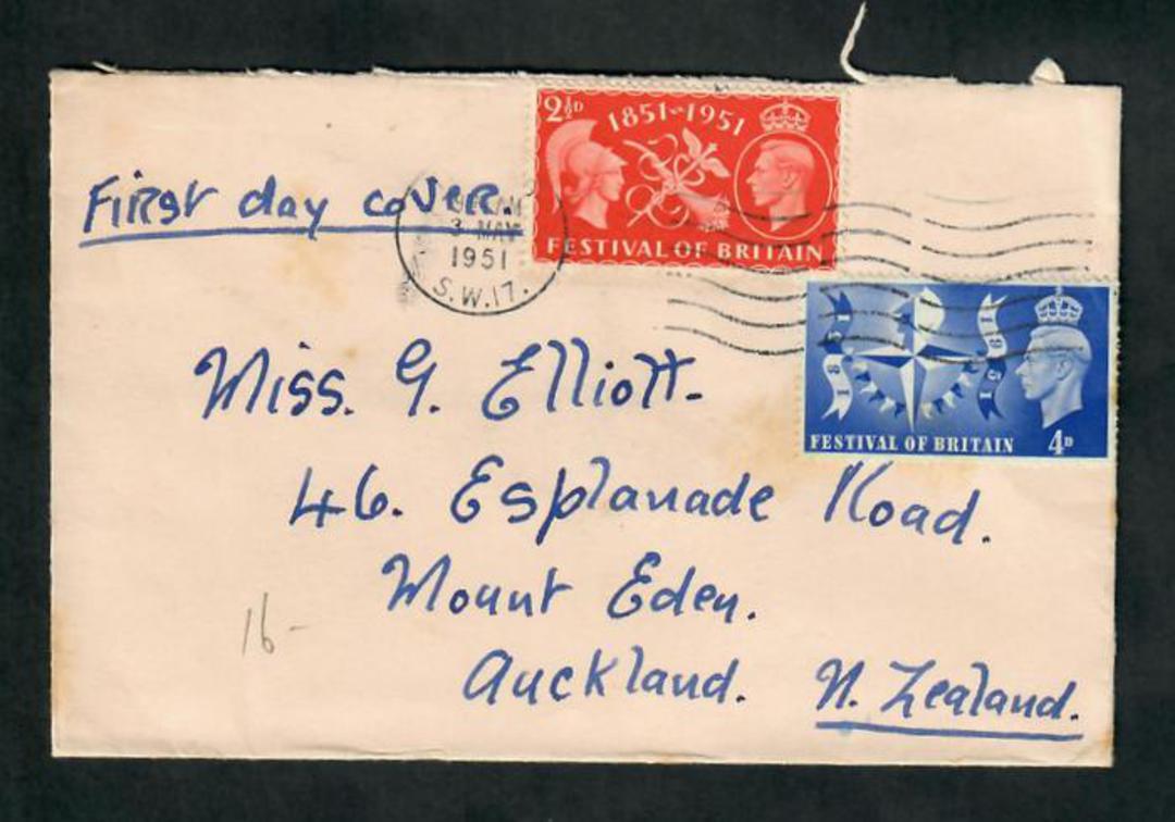 GREAT BRITAIN 1951 Festival of Britain. FDC from London S.W.17 to Mt Eden Auckland. Slogan type cancel. Very clean. - 30336 - FD image 0