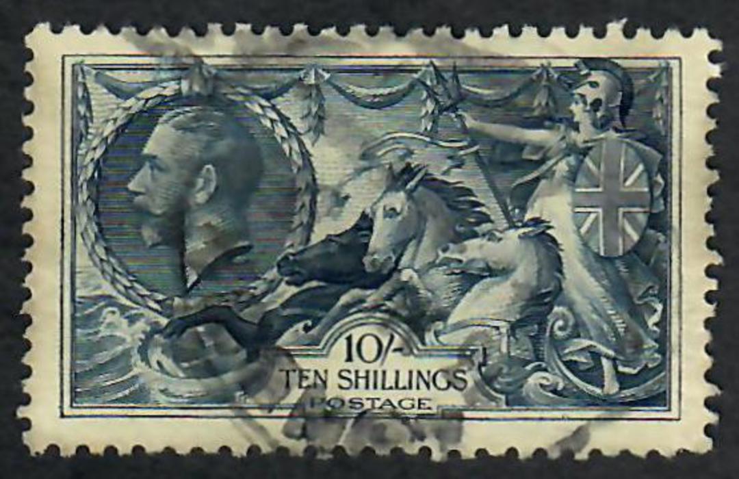GREAT BRITAIN 1934 high-Value Definitives. Hatched background. Set of 3. The postmarks on the 5/- and 10/- are smudgy. Check the image 1