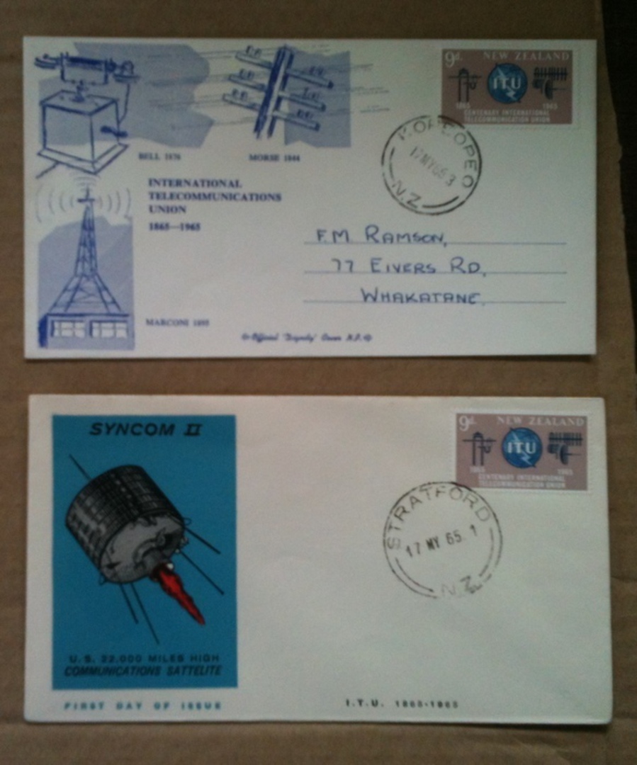 NEW ZEALAND 1965 Centenary of the International Telecommunications Union on four different illustrated first day covers. - 36398 image 0