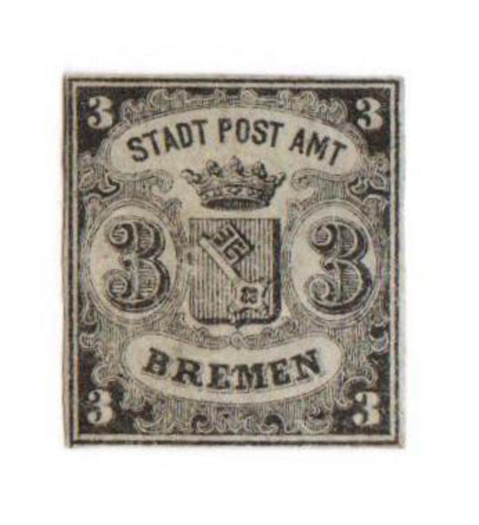 BREMEN 1855 Definitive 3gr Black on blue. Vertical Laid Paper. Die 2. Four good margins. Some adhesion and not much gum. From th image 0