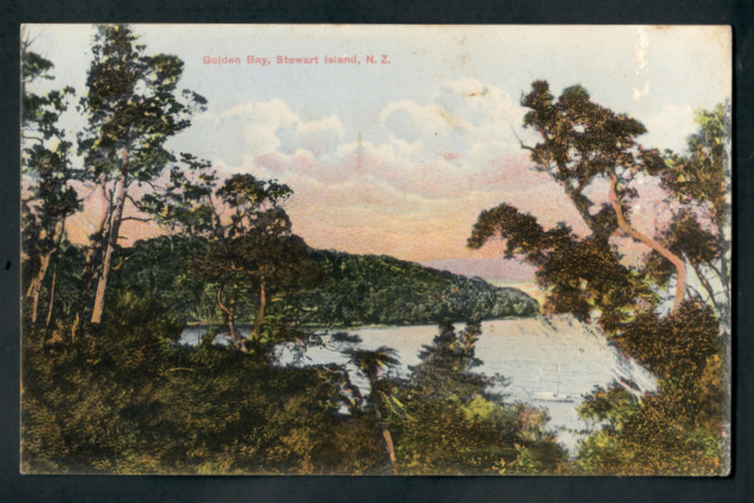 Coloured Postcard of Golden Bay Stewart Island. Postmark HALF MOON BAY. - 249314 - Postcard image 0