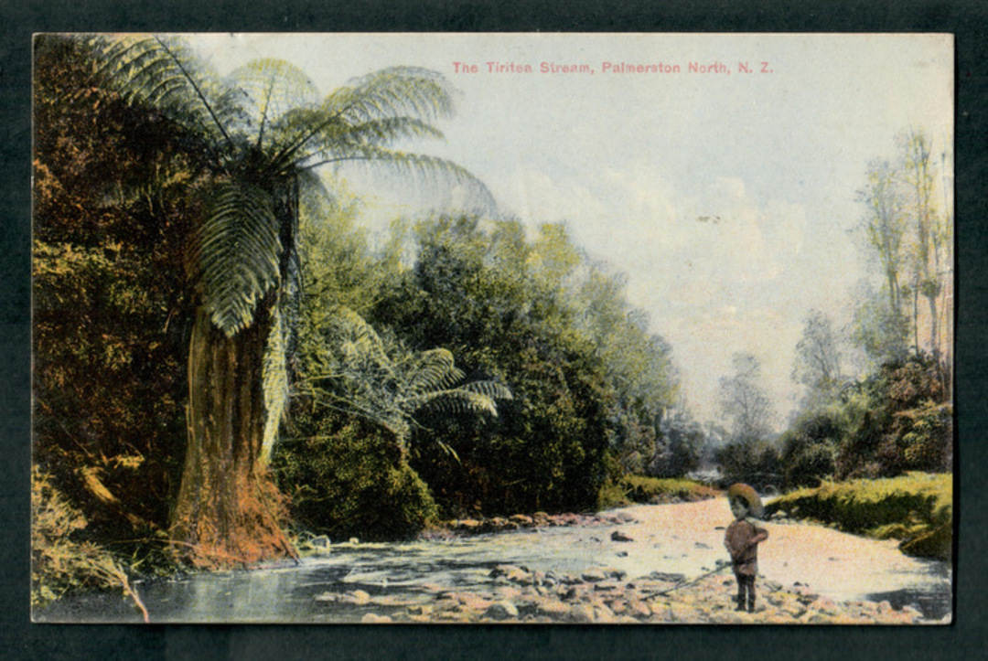 Coloured postcard of the Tiritea Stream Palmerston North. - 47258 - Postcard image 0