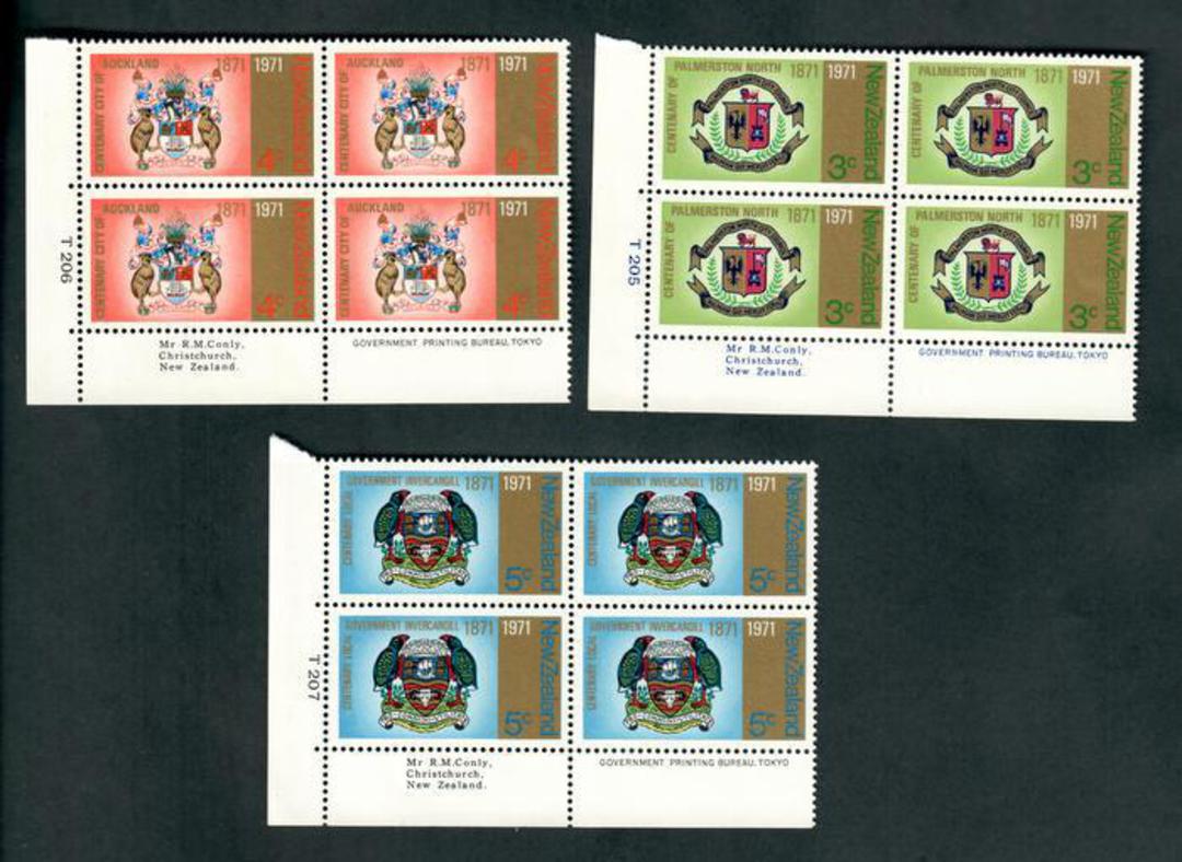 NEW ZEALAND 1971 Three Cities Anniversaries. Set of 3. Plate Blocks T205 T206 T207. - 52473 - UHM image 0