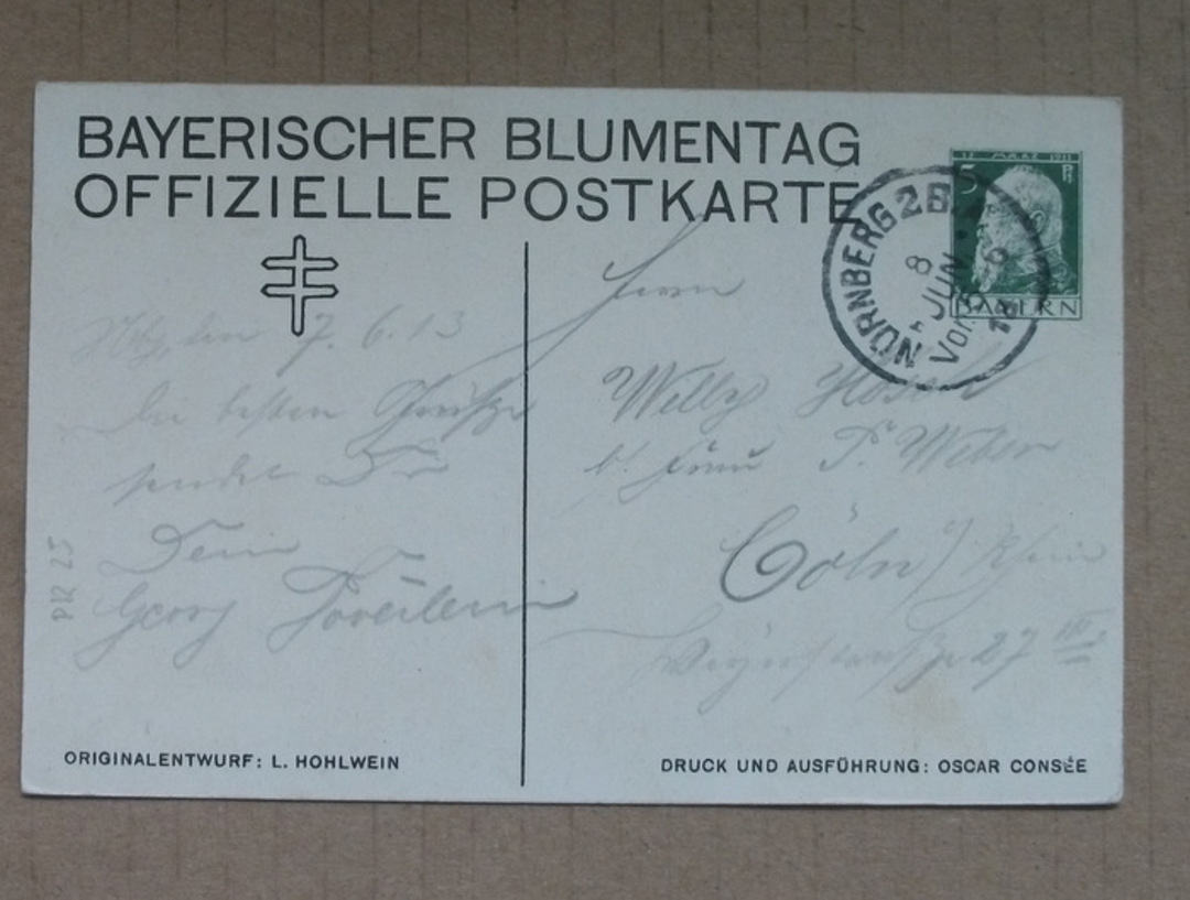 BAVARIA 1912 Semi-Official Postcard 5pf Green of the Bavarian Flower Day. Posted at NURNBERG. From the collection of H Pies-Lint image 0