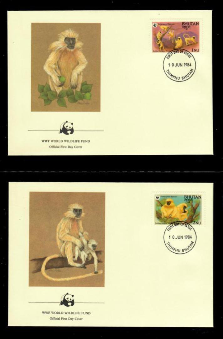 BHUTAN 1984 World Wildfile Fund. Golden Langur. Set of 4 in mint never hinged and on first day covers with 6 pages of official t image 2