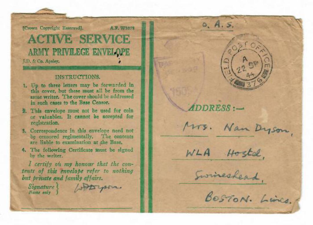 GREAT BRITAIN 1944 Army Privilege Envelope to Boston Lincs. Field Post Office 376. Passed by Censor 15054. - 30207 - PostalHist image 0