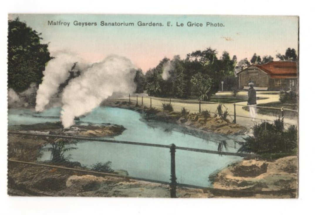 Coloured postcard by Le Grice of General View of Malfroy Geysers Sanatorium Gardens. - 46189 - Postcard image 0