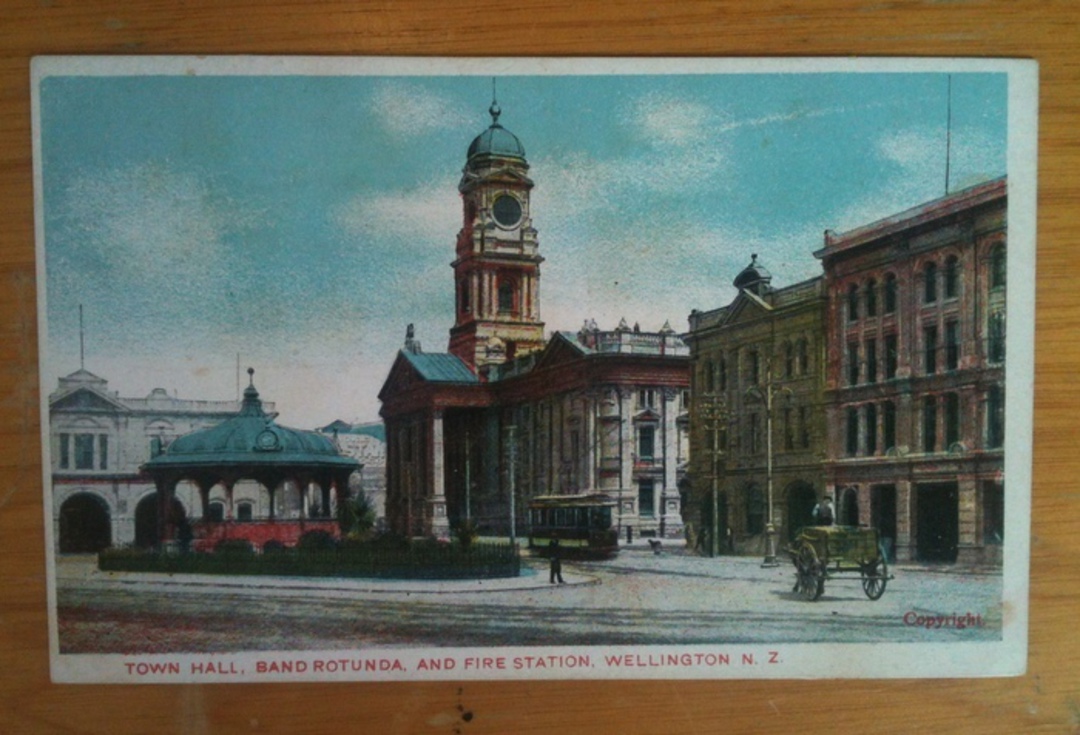 Coloured postcard of Town Hall Band Rotunda and Fire Station. - 47733 - Postcard image 0