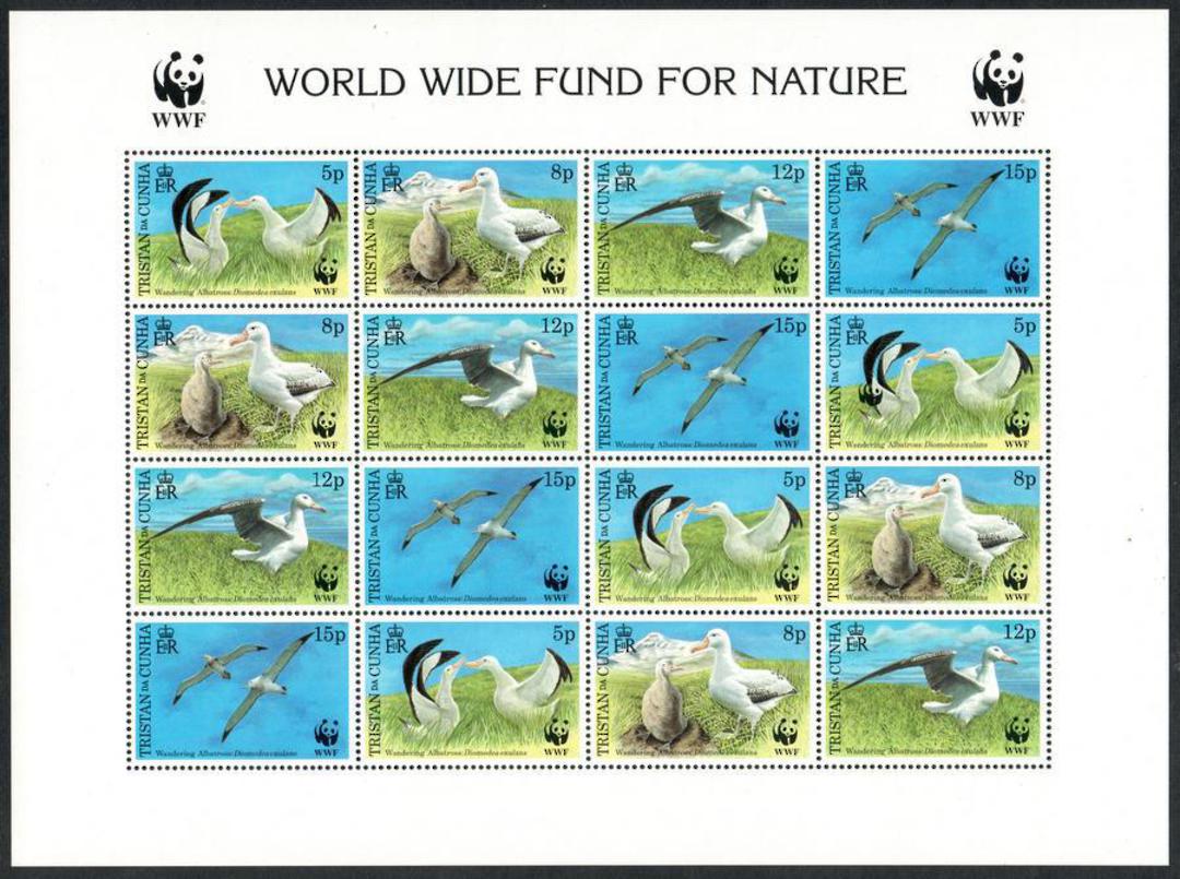 TRISTAN DA CUNHA 1999 Endangered Species. Wandering Albatross. Sheetlet of 16 with the listed but unpriced flaw Panda emblem pri image 0