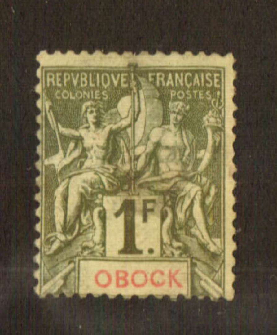 OBOCK 1892 Definitive Tablet 1fr Olive-Green on cream. An adhesion on the reverse. - 74567 - Mint image 0