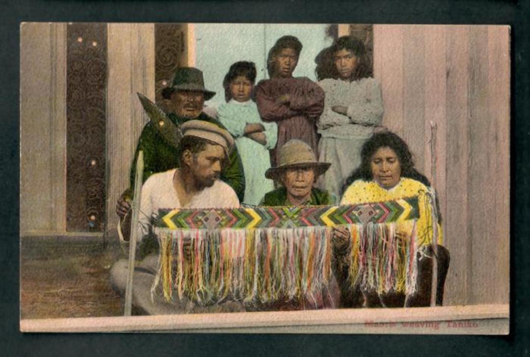 Coloured postcard by Thos Pringle of Maoris weaving Tamiko. - 49605 - Postcard image 0