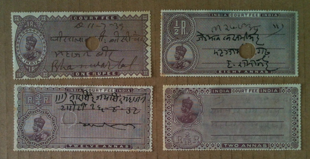 INDIA 1913 Geo 5th Court Fees 2a Purple 8a Purple 12a Purple and 1r Purple. - 24854 - Fiscal image 0